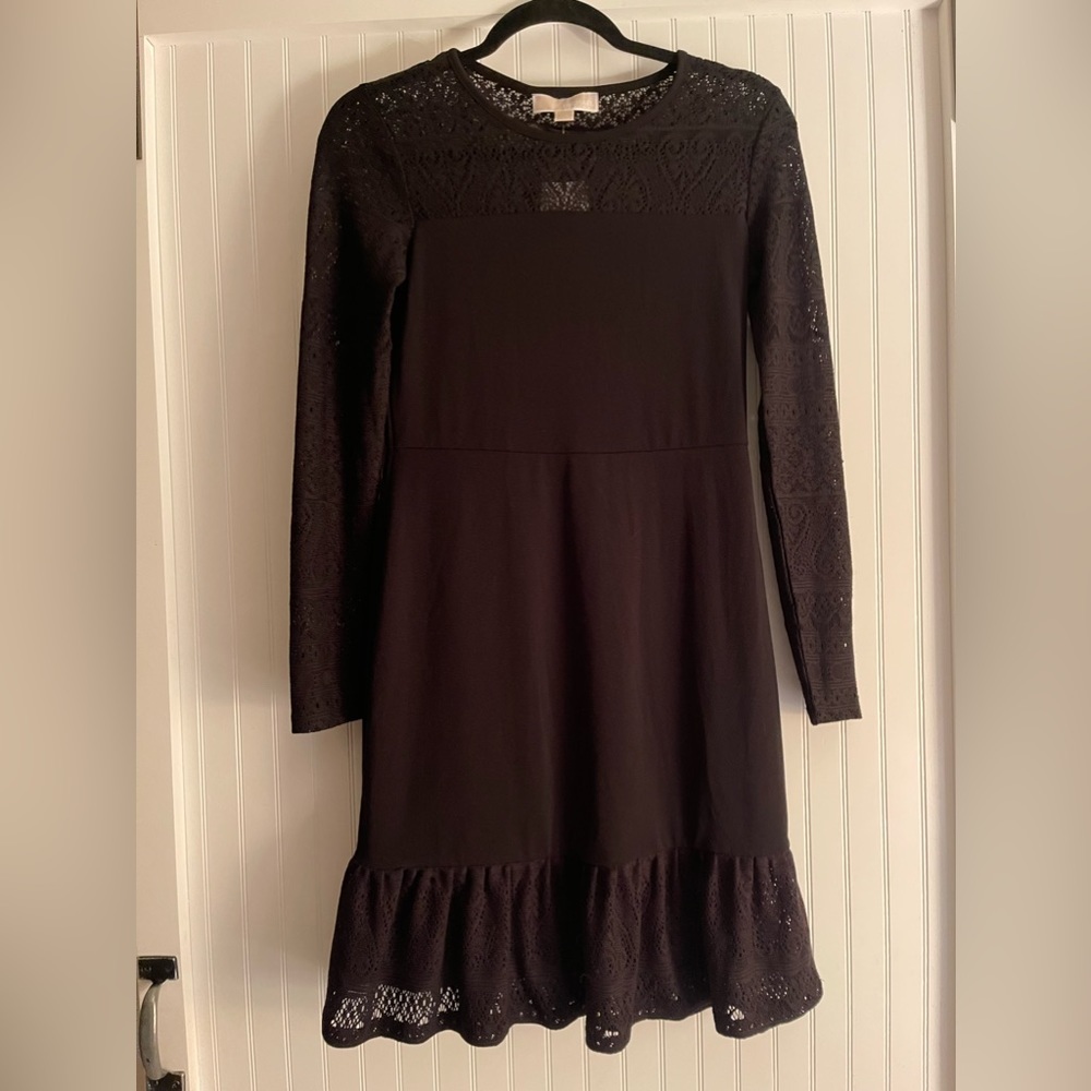 MICHAEL KORS BLACK RUFFLE DRESS | LACE BOTTOM | LONG SLEEVES XS - Picture 3 of 10